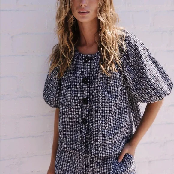 Free People Kiko Top Black Blue Printed Button Front Puff Sleeve Blouse Size M - Picture 1 of 9